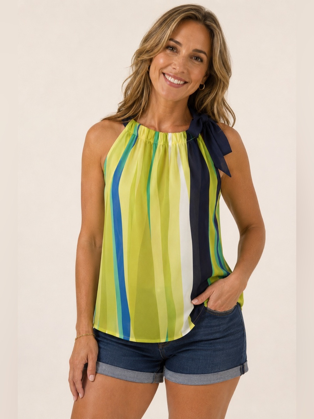 Or FREE! Rafaella Striped Sleeveless Halter Neck Top with Bow